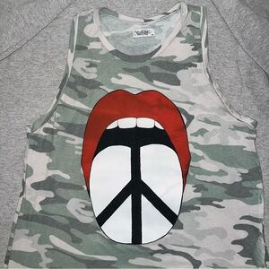 Lauren Moshi Camo Tank Top with Red Lips and Peace Sign